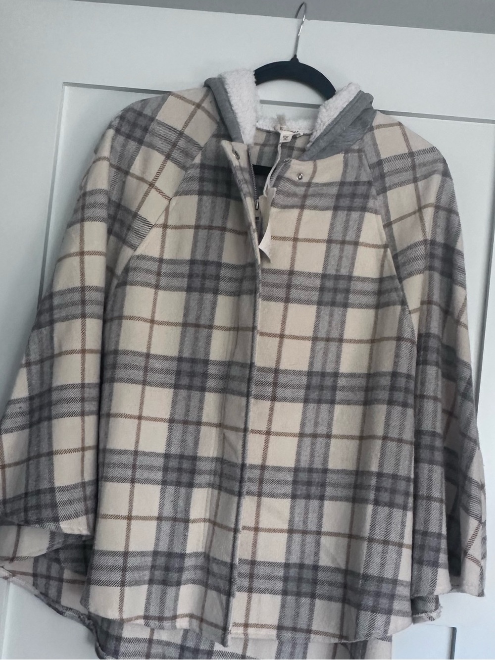 Hem & Thread Cream Plaid Hooded Cape with Gray Accents